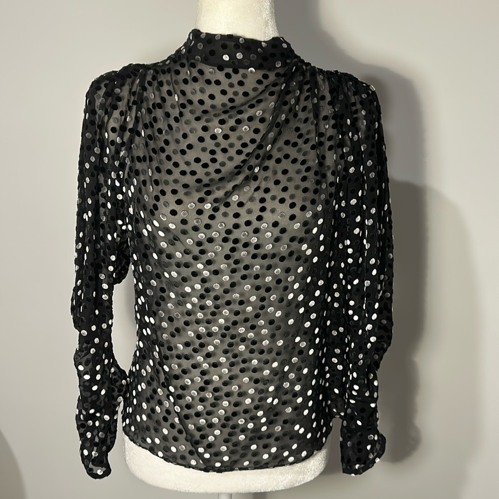 Rebecca Taylor Black & Silver Dotted Velvet Long Sleeve Mockneck Blouse.